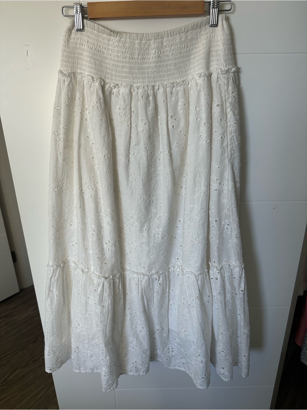 White Eyelet Smocked Maxi Cotton Skirt